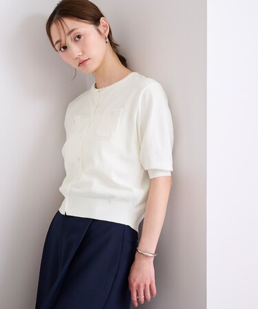 UVケア/抗ピル胸ポケットハーフスリーブニットカーディガン