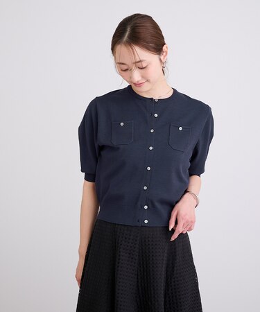 UVケア/抗ピル胸ポケットハーフスリーブニットカーディガン