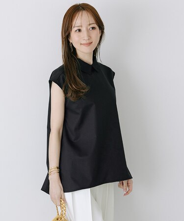 襟付フレアノースリーブブラウス