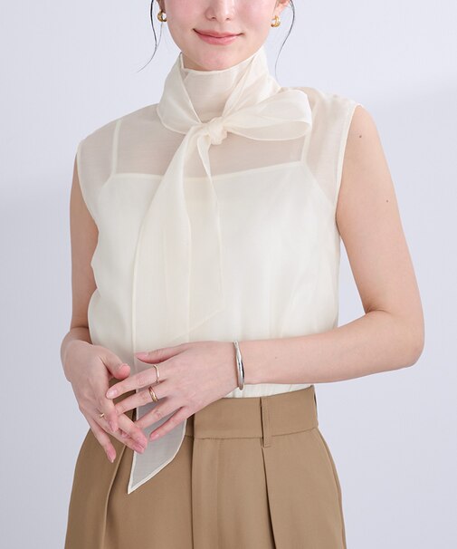 インナー付ノースリーブシアーボウタイブラウス