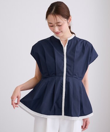 バンドカラーウエストタックブラウス