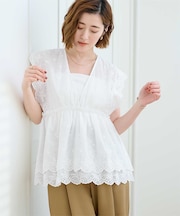 コットンレースペプラムブラウス