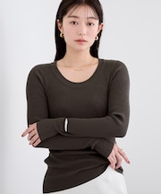 Uネック長袖リブニット