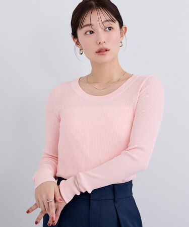 Uネック長袖リブニット