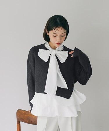 ショートニット×ボウタイブラウスセット