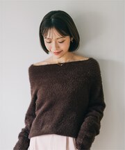 オフショルダーシャギーニットトップス