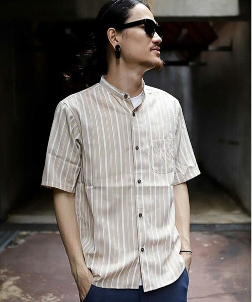 ストライプバンドカラー半袖シャツ