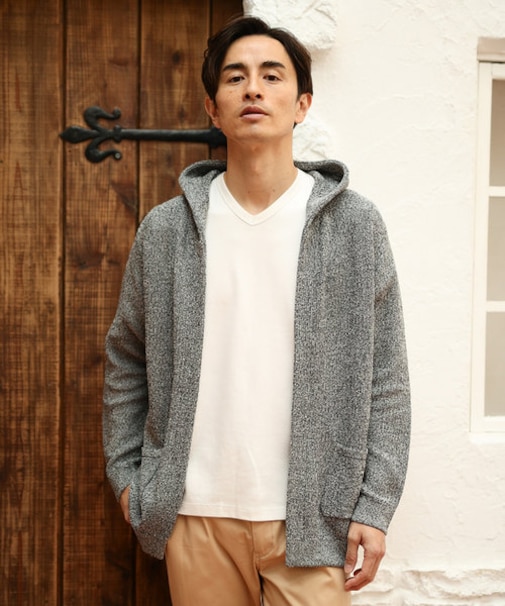 7GGラーベン編みボタンレスパーカー