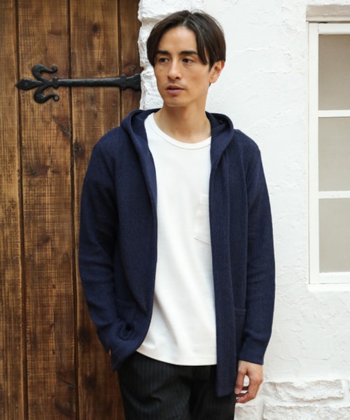 7GGラーベン編みボタンレスパーカー