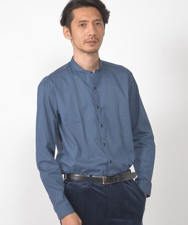 マイクロフラワードット柄プリントバンドカラーシャツ