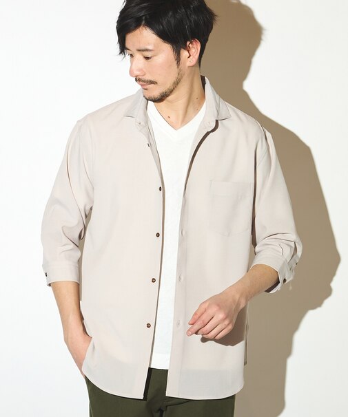 ポリエステルカチオン七分袖ワイドカラーシャツ