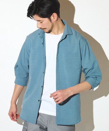 ポリエステルカチオン七分袖ワイドカラーシャツ