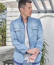 スーパーストレッチデニムスタンドカラーシャツ