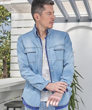 スーパーストレッチデニムスタンドカラーシャツ