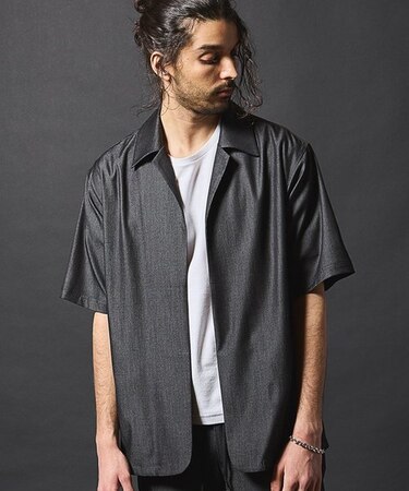 【セットアップ対応】テックデニムボタンレスオープンカラーシャツ