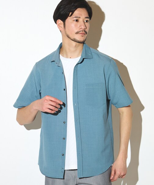 ポリエステルカチオン半袖ワイドカラーシャツ