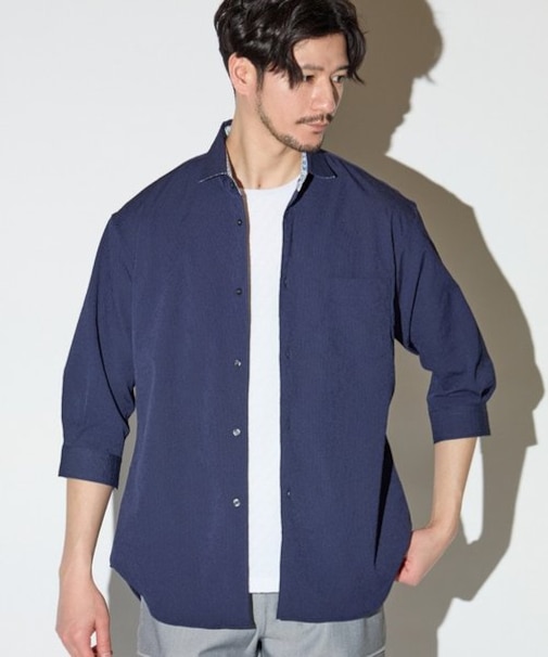 楊柳ワッシャー七分袖ワイドカラーシャツ