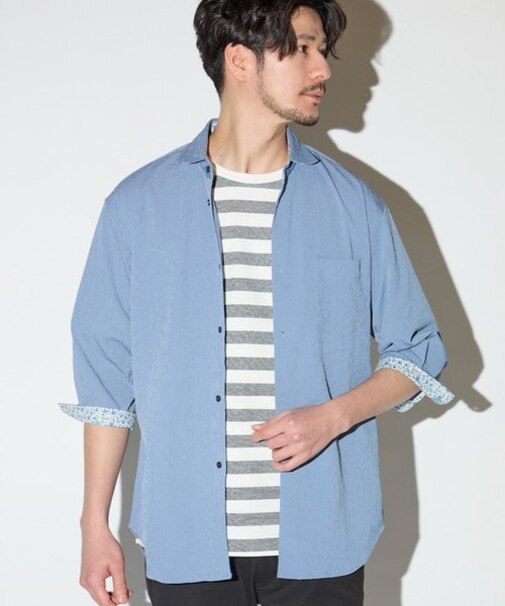 楊柳ワッシャー七分袖ワイドカラーシャツ