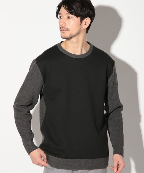 カルゼ杢ダンボール×ウール混畦ニットクルーネックロンT