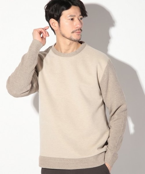 カルゼ杢ダンボール×ウール混畦ニットクルーネックロンT
