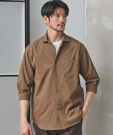 ナチュラルストレッチワッシャー七分袖ワイドカラーシャツ