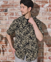 フラワー柄プリントレギュラーカラー半袖シャツ