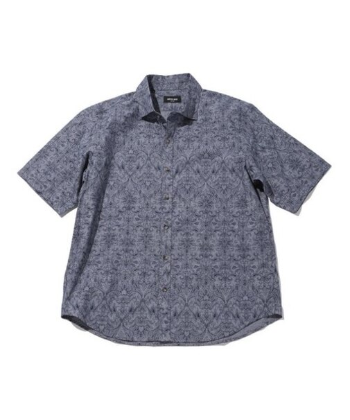 コットンダンガリーエスニックプリント半袖シャツ