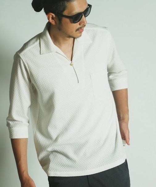 ダイヤ柄シャーリング七分袖スキッパーシャツ