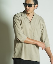 ダイヤ柄シャーリング七分袖スキッパーシャツ