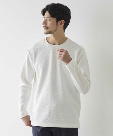 バスケット柄 ジャガード 異素材 ドッキング クルーネック Tee