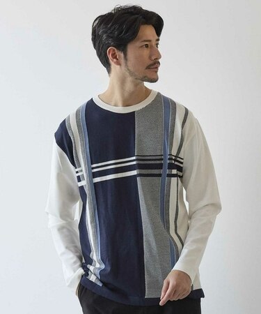 ニット×ポンチ パネル切り替え クルーネックロンT