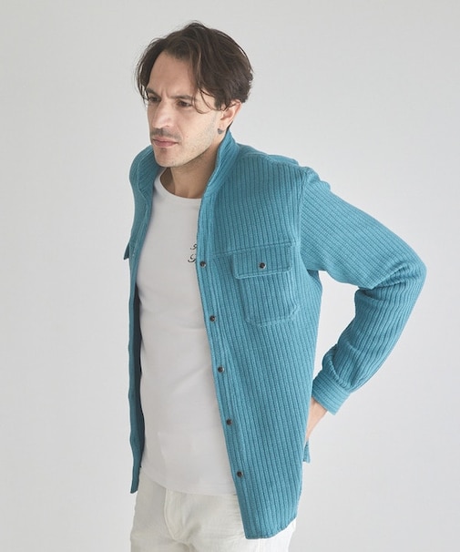 膨れストライプジャガードショートスタンドカラーシャツブルゾン