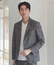 シアサッカーグレンチェックプリントテーラードジャケット