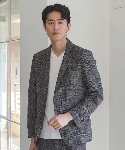 シアサッカーグレンチェックプリントテーラードジャケット