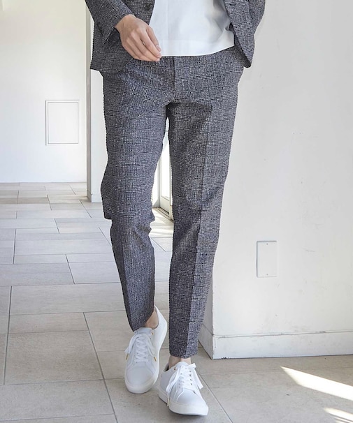 シアサッカーグレンチェックプリントスラックス