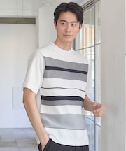 ニット切り替え ボーダー ポンチTシャツ