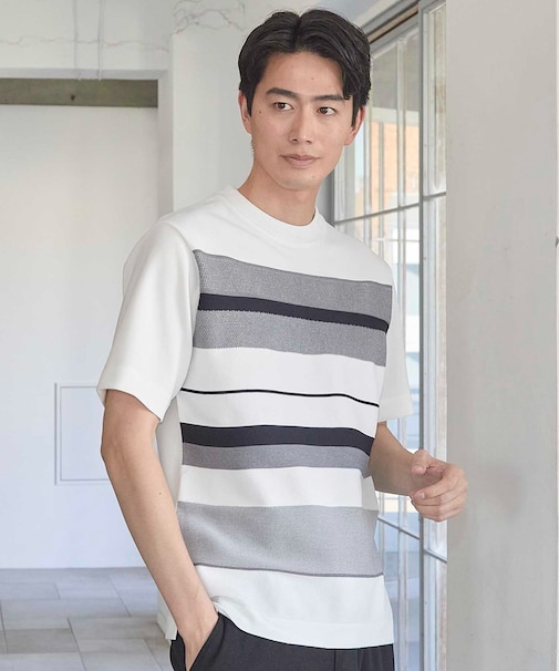 ニット切り替え ボーダー ポンチTシャツ
