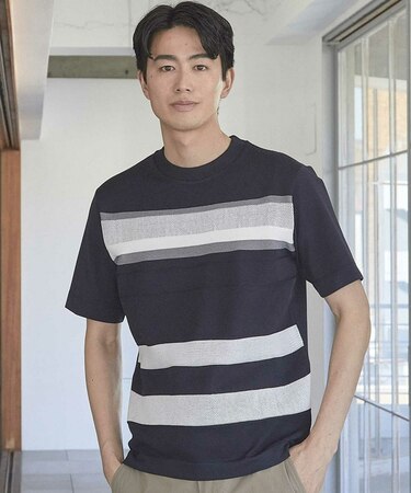 ニット切り替え ボーダー ポンチTシャツ