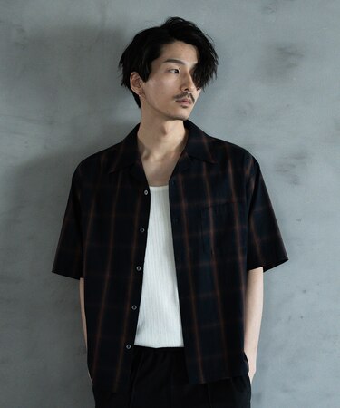 オープンカラーオンブレーチェックシャツ