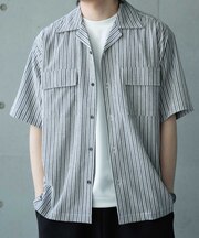 シャーリングストライプオープンカラーシャツ