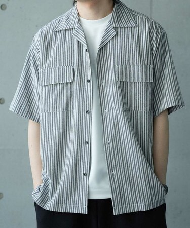 シャーリングストライプオープンカラーシャツ