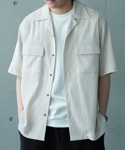 シャーリングストライプオープンカラーシャツ