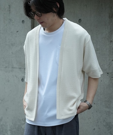 *WEB限定 シアー ジャガード 5分袖 ボタンレスカーディガン