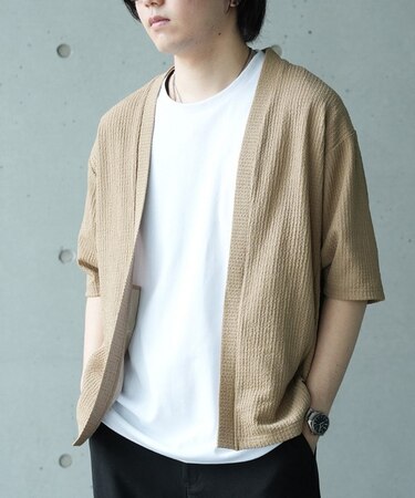 *WEB限定 シアー ジャガード 5分袖 ボタンレスカーディガン