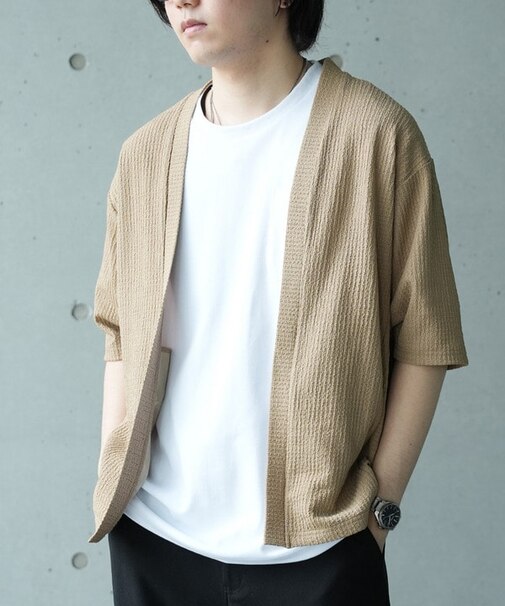 *WEB限定 シアー ジャガード 5分袖 ボタンレスカーディガン