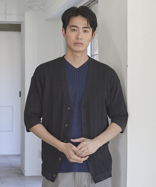 ハイゲージシャドーストライプ5分袖カーディガン