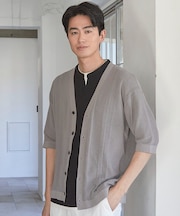 ハイゲージシャドーストライプ5分袖カーディガン