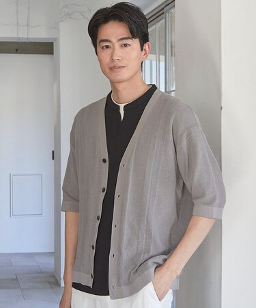 ハイゲージシャドーストライプ5分袖カーディガン