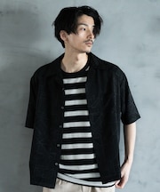 幾何学柄プリント楊柳オープンカラーシャツ