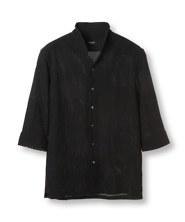 カラミ織風サッカー七分袖スタンドカラーシャツ<ストレッチ/通気性>